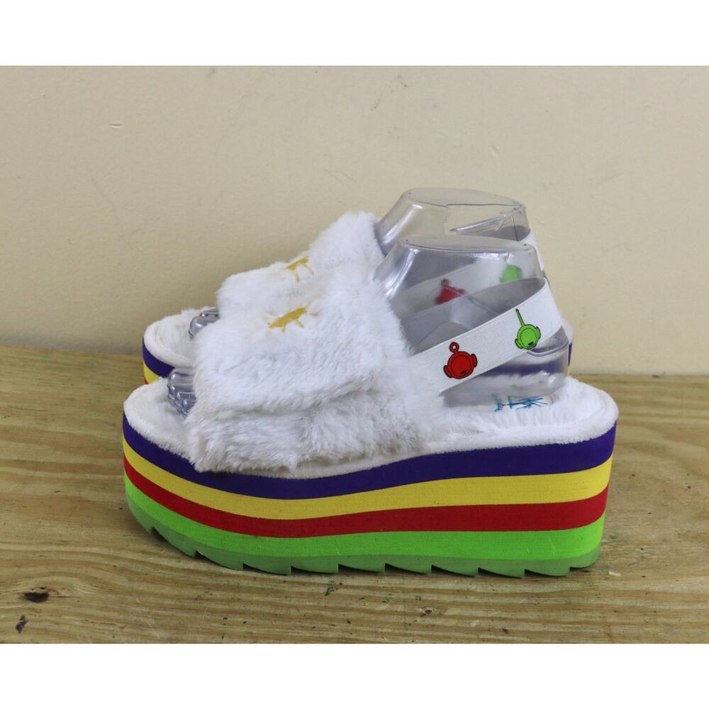 YRU x Teletubbies Sandals 8M Multicolor Faux Fur Rainbow Platform Shoes Y2K Punk